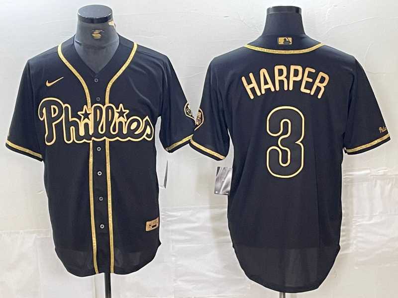 Mens Philadelphia Phillies #3 Bryce Harper Black Gold Cool Base Stitched Baseball Jerseys